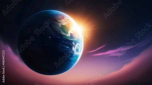 Fototapeta Sunrise over the Earth in outer space background