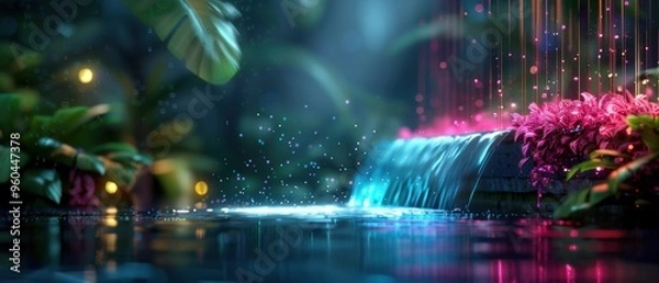 Obraz Mystical Illumination - Enchanted Waterfall in Ethereal Digital Art | Background