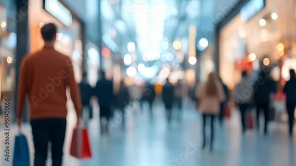 Fototapeta Urban crowd in a modern shopping center, with overlapping silhouettes showing the fast-paced environment of retail spaces