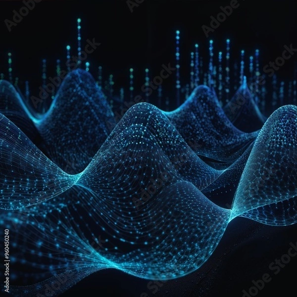 Fototapeta Abstract blue glowing energy waves from dotted line particles with blur effect on dark background. Futuristic modern backdrop design for business, presentation, ads, banner, website, landing page, wal