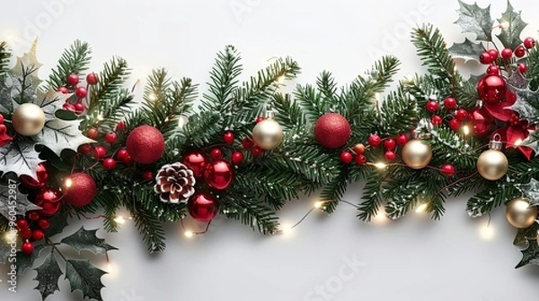 Obraz Seamless decorative christmas border with coniferous branches and garlands of christmas lights on transparent background