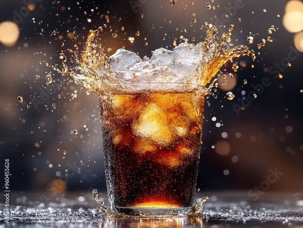 Fototapeta Refreshing Soda Splashing with Ice Cubes in Glass
