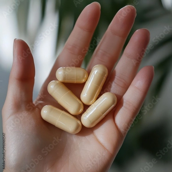 Fototapeta Close-up of a hand holding energy supplements, clean white background, dynamic light