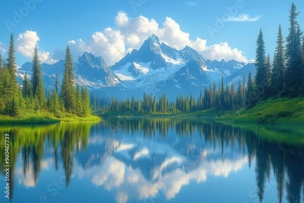 Fototapeta tranquil alpine lake at golden hour mirrorlike surface reflecting snowcapped peaks wispy clouds catching warm light dense evergreen forest framing the scene