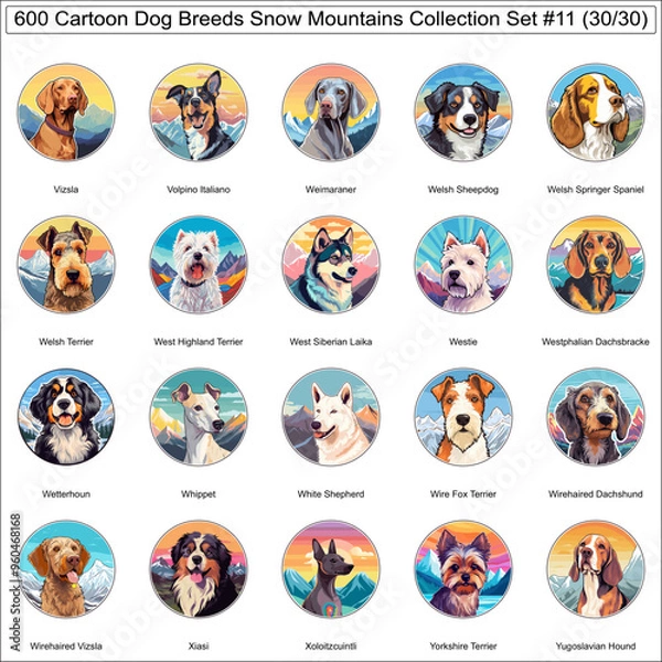 Fototapeta Dog Breeds Cartoon Characters Snow Mountains Bundle Collection Set 11 of 600 Dog Faces Isolated Part 30