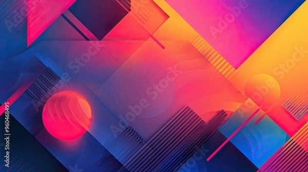 Fototapeta 80s wallpaper with geometric shapes and neon glow layered over a gradient in pink and blue