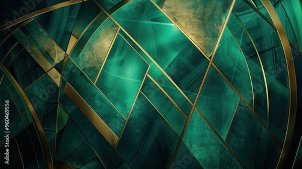 Fototapeta Ornate gold geometric shapes with jade gradients and soft lighting for an elegant Art Deco wallpaper