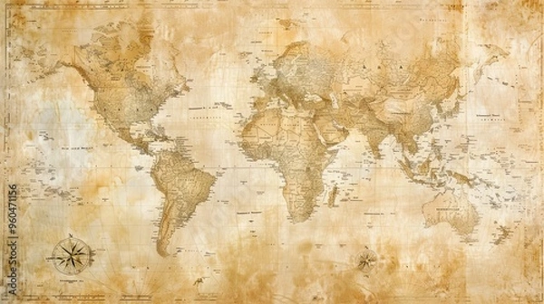 Obraz Antique world map wallpaper in sepia tones with intricate script and a worn texture