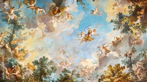 Obraz Baroque mural with mythological scenes in muted tones and gold accents for classical grandeur