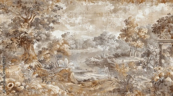 Obraz Tapestry-style Baroque wallpaper with pastoral life scenes in rich earth tones and gold accents for a rustic timeless look