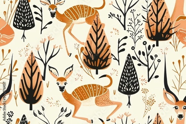 Fototapeta Colorful  pattern with antelopes and stylized trees