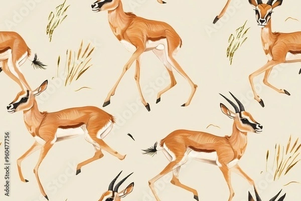 Fototapeta A seamless pattern featuring elegant antelopes in a beige background with grass.