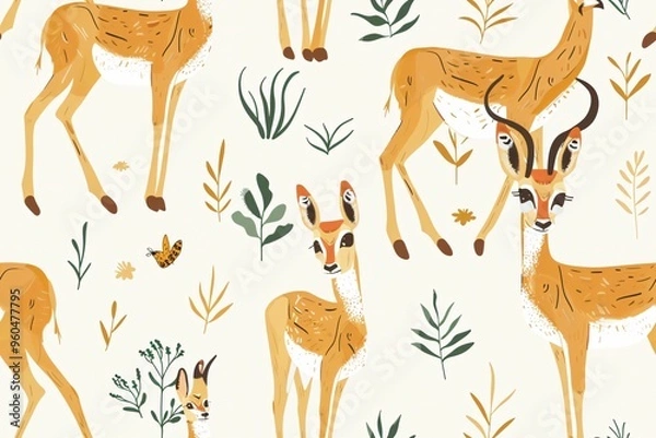 Fototapeta A  cute pattern featuring antelope, leaves and grasses.