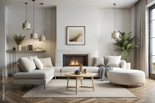 Fototapeta Contemporary living room with minimalist style and neutral colors