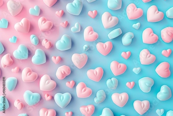 Fototapeta 3D pastel pink and blue hearts background, Valentine Day concept, top view