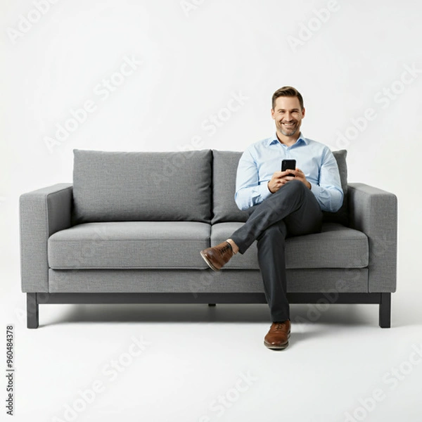 Fototapeta a man sits on a couch with a phone in his hand.