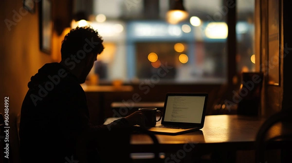 Fototapeta Man working on his laptop in a coffee shop, dark moody lighting
