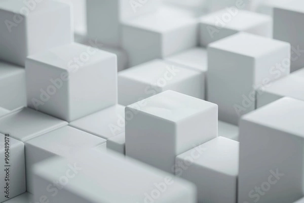 Fototapeta Random shifted white cube boxes block background wallpaper banner with copy space, contemporary, mirrorless, standard, morning, minimalist, analog, heightened realism, natural lighting