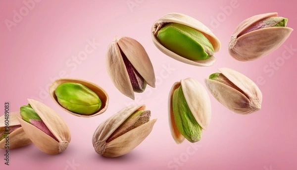 Obraz Falling pistachio isolated on white background, full depth of field on pink background