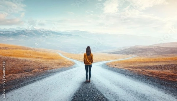 Obraz A solitary figure stands at a crossroads, surrounded by expansive landscapes under a tranquil sky, symbolizing choices and journeys.