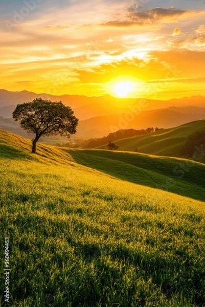 Fototapeta A stunning sunset over rolling hills, showcasing vibrant colors and a solitary tree, ideal for nature-themed projects.