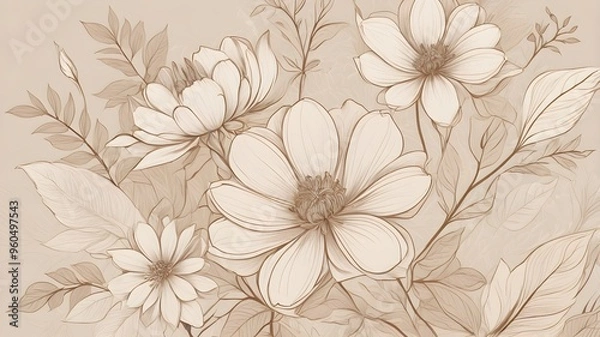 Fototapeta An elegant floral background featuring hand-drawn flower elements in soft neutral beige tones. The intricate line art creates a sophisticated and timeless design, perfect for wedding invitations, card