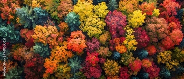 Fototapeta Aerial View of Vibrant Autumn Forest Canopy with Colorful Foliage in Fall Season