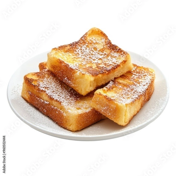 Fototapeta Golden French Toast, dusted with powdered sugar, sits invitingly on a white plate, a delightful breakfast treat.