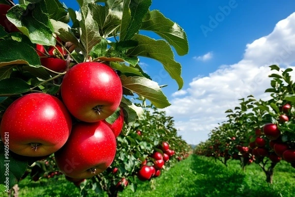 Fototapeta Blossoms, in an orchard, ripe fruit following signal the promise of a bountiful harvest