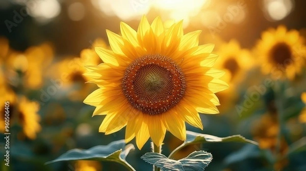 Fototapeta radiant sunflower closeup vibrant yellow petals in sharp focus warm honeytoned center soft bokeh background of sunny field macro photography