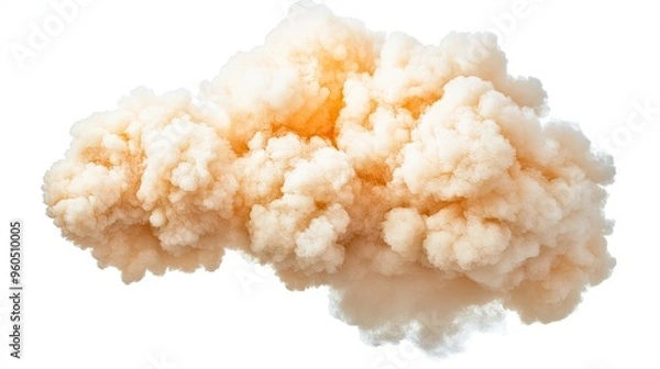 Obraz Dynamic explosion cloud bursting with fiery hues against a stark white background, capturing a moment of intense energy and motion