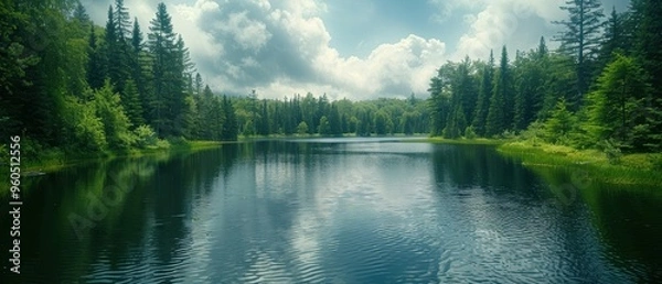 Fototapeta Serene Tranquility - Stunning Shot of a Peaceful Lake Encircled by Lush Forest Greenery