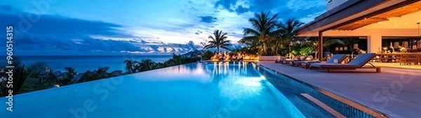 Fototapeta Stunning twilight view of a luxury villa with an infinity pool and palm trees, offering a serene tropical getaway experience.