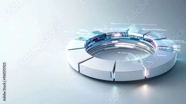 Fototapeta Futuristic circular structure with glowing elements and digital data streams, ideal for technology and innovation themes.