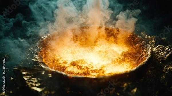Fototapeta A vivid chemical reaction unfolds in a beaker, characterized by intense colors and swirling smoke. The flames illuminate the dark surroundings, creating a dynamic atmosphere
