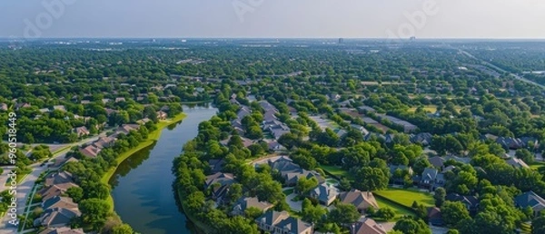 Fototapeta Tranquil Suburban Bliss: Aerial View of Tree-Lined Streets and Residential Houses in Quality