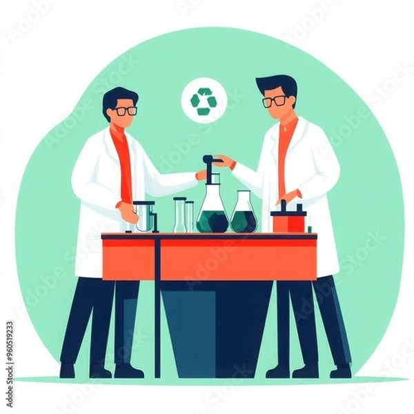 Obraz Prototyping with recycled materials, engineers in lab, flat design illustration