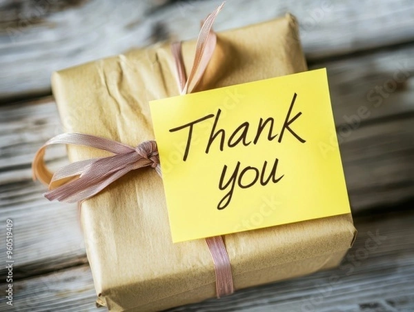 Fototapeta A yellow sticky note with Thank you written in simple handwriting, attached to a gift box wrapped with a ribbon on a wooden table