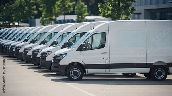 Fototapeta A row of white delivery vans parked neatly in a large parking area. The vans belong to a transporting service company.