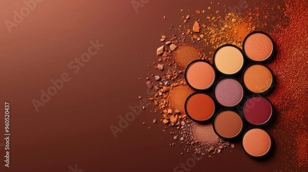 Fototapeta Vibrant makeup palette showcasing a variety of warm hues next to scattered pigments on a rich brown background.