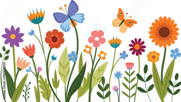 Obraz Watercolor style beautiful wildflowers, field of flowers with butterflies, seamless border isolated on a clear background, vector illustration.