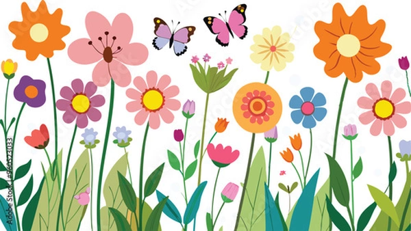 Obraz Watercolor style beautiful wildflowers, field of flowers with butterflies, seamless border isolated on a clear background, vector illustration.
