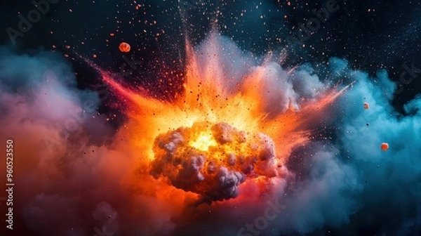 Fototapeta A vibrant explosion unfolds with vivid orange and purple hues as chemicals react violently. Smoke billows outward, creating a mesmerizing yet intense atmosphere