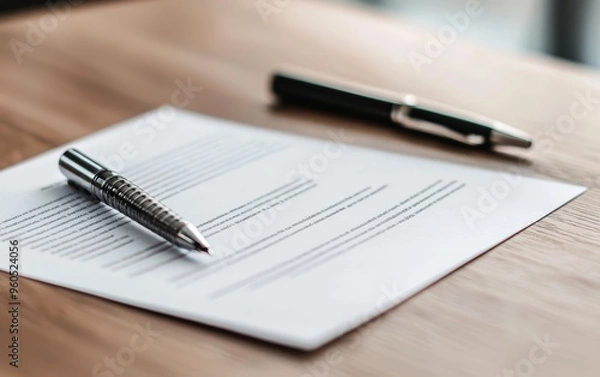 Fototapeta A close-up of a business contract laid out on a wooden desk with a pen ready to sign