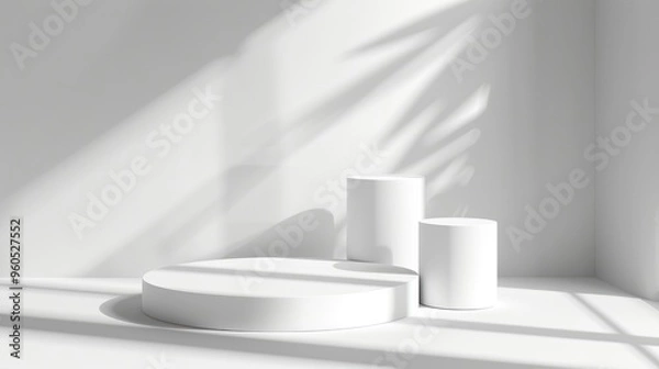 Fototapeta Modern geometric white podiums for showcasing cosmetics in sunlight with shadows on white background.