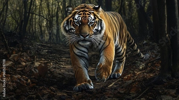 Fototapeta A haunting portrait of an Amur tiger prowling through a dense forest, its powerful stance contrasting with the dwindling numbers of its species in the wild