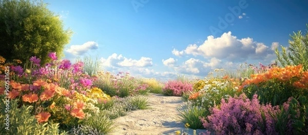 Fototapeta Serene landscape featuring vibrant flowers in a tranquil setting with a blue sky and soft clouds