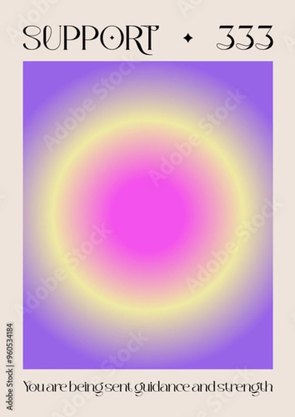 Fototapeta Modern abstract poster with Angel Numbers. Angel No 333 Support. Gradient aura, colorful and bright background, printable poster templates ready layout, trendy collection. Positive energy art