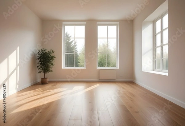 Fototapeta A minimalist room with a wooden floor and a soft, diffused light coming through a window, creating a serene and calming atmosphere