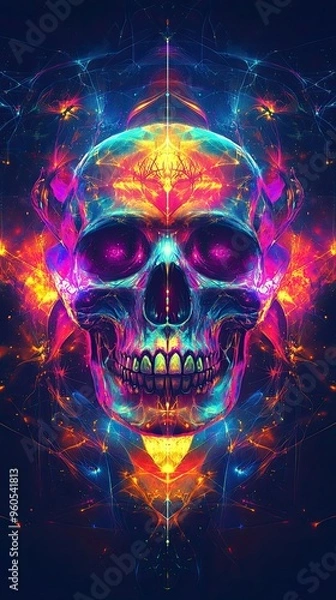 Fototapeta A colorful skull with a glowing eye and a mouth
